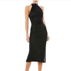 NWT Mac Duggal black Hand Embellished Halter Neck Midi Sheath Dress beaded 6